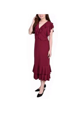 NY COLLECTION Women's Short Flutter Sleeve Ruffle Neck Dress Burgundy Sz…